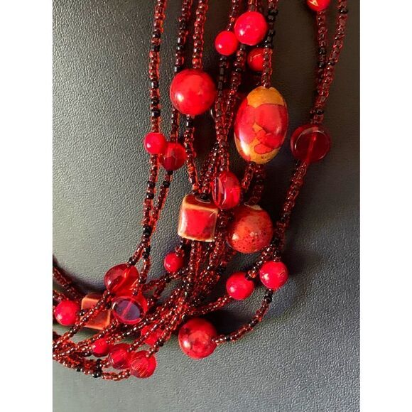 Esmor Lamp Work Red Glass/Wood Bead Multistrand Necklace Set, Stamped - Picture 4 of 5